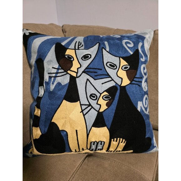 Modern Abstract Embroidered Pillow Cover  Handmade Blue & Gold Boho Feline Art - Picture 3 of 11